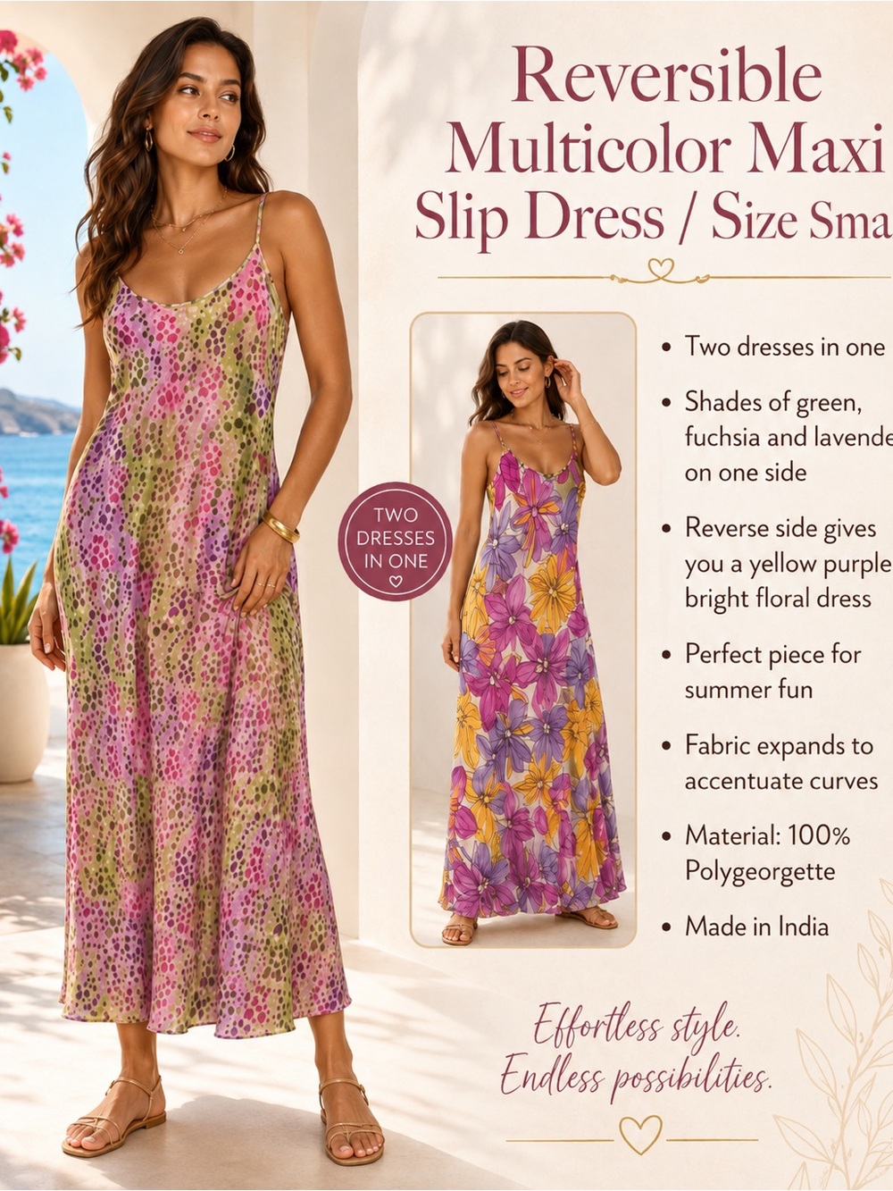 Reversible Multicolor Maxi Slip Dress / Size Small